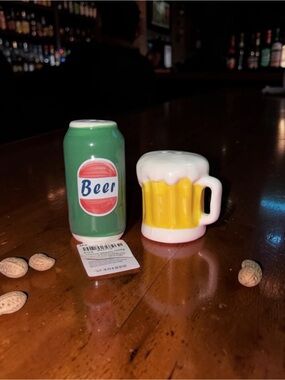 Playful Beer Can and Mug Ceramic Salt & Pepper Shaker Set - Green and Yellow